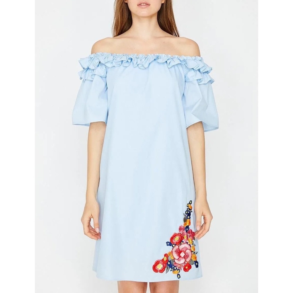 Koton Womens Blue Mini Dress Off the Shoulder Ruffle Floral Embroidered Pastel